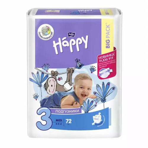 Підгузники дитячі Happy №3 72шт 5-9кг Міді