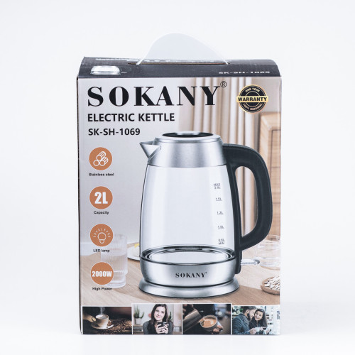 Електрочайник скляний з LED індикатором 2 л 2000 Вт 2000 Вт Sokany